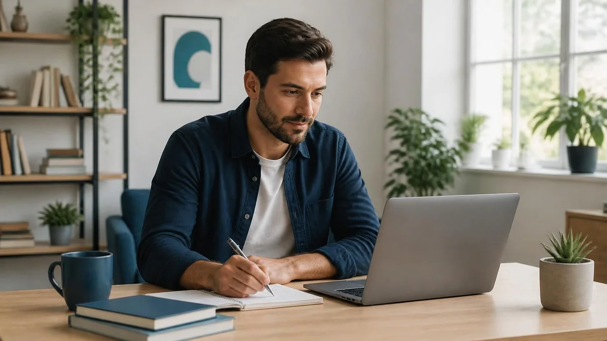 Adult learner practising English at an unbranded computer in a bright study space.